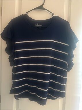 Vineyard Vines Navy and White Ruffle Sleeve Striped Tee